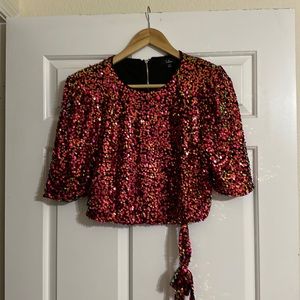 Lulus - Perfect Pose Pink Multi Sequin Long Sleeve Tie-Hem Crop Top